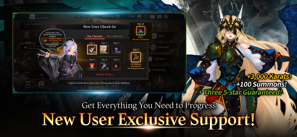 New user check-in screen in Heir of Light showing daily login rewards and promotional text for 3000 karats and 100 summons