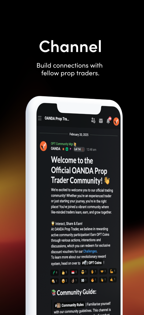 Interfaz de la aplicación OANDA Prop Trader Community que muestra un canal social para prop traders.