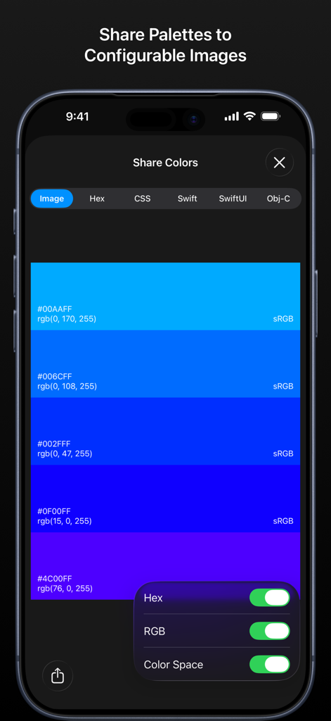 Colorlogix - Color Design Tool - Interfaz de la aplicación Colorlogix mostrando cómo compartir una paleta de color como una imagen configurable con valores hexadecimales y RGB.