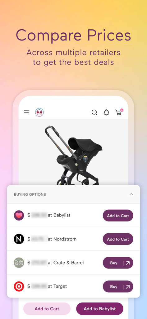 Babylist Baby Registry - Babylist app screen showing a baby stroller with price comparisons across retailers like Nordstrom, Target, and Crate and Barrel.