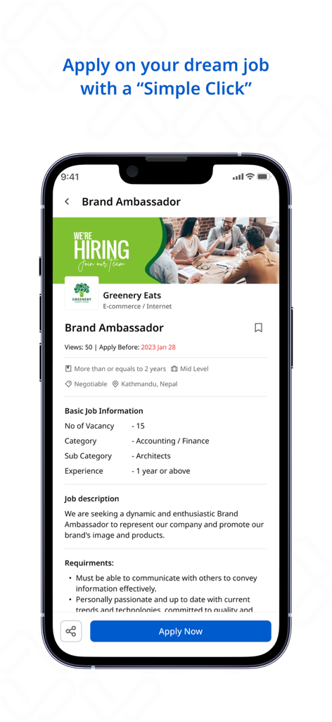 Merojob.com - iPhone screen displaying a job vacancy for a Brand Ambassador in Kathmandu on the Merojob mobile application.