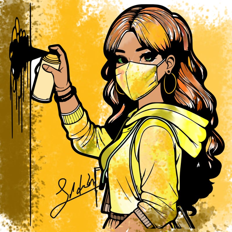 realistic girl with mask spray painting a wall