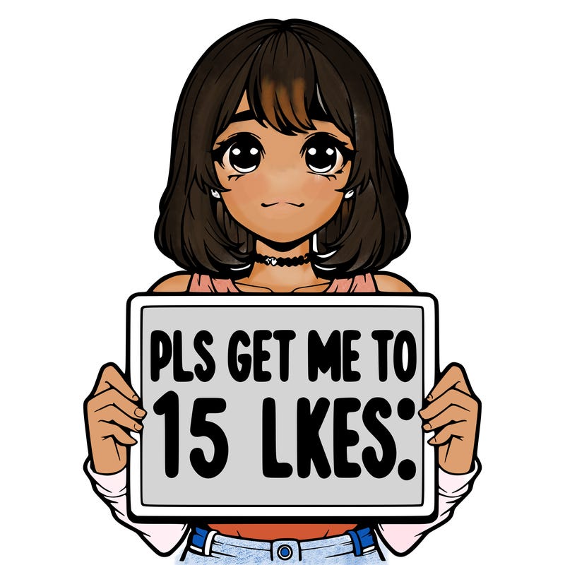 realistic girl holding up a sign that says “pls get me to 15 likes!”