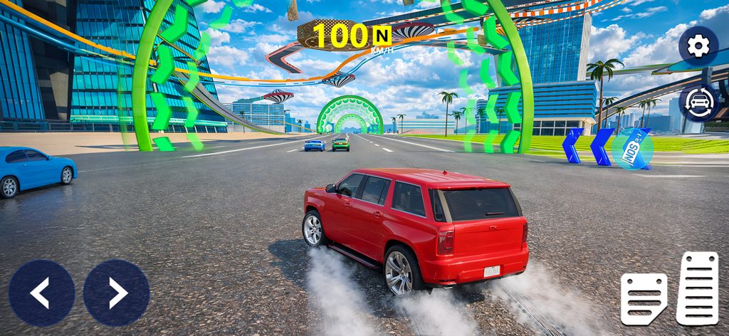 Race Master Car Racing Games - Red SUV car drifting on a futuristic racing track with stunt ramps and neon arches.