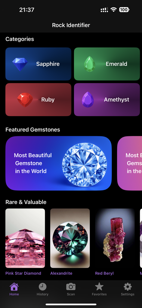Rock Identifier: Stone Scan ID - The home screen of the Rock Identifier app displaying categories for Sapphire, Emerald, Ruby, and Amethyst, alongside a section for rare and valuable minerals.