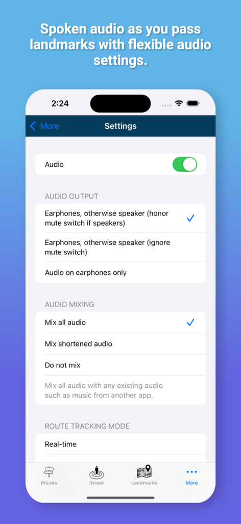 Remote Walk: Virtual Walking - Remote Walk app settings screen showing audio output and mixing options for virtual landmark narration