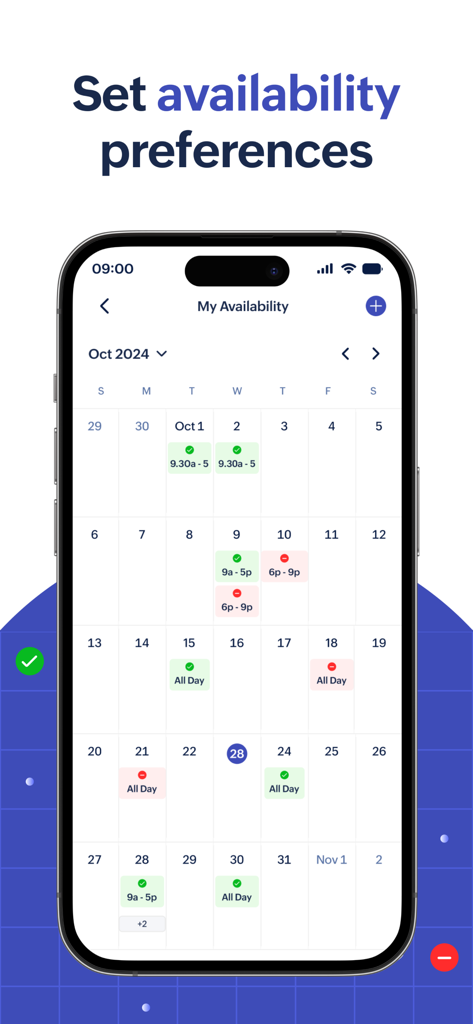 Zoho Shifts app interface showing a monthly calendar where employees can set their work availability preferences