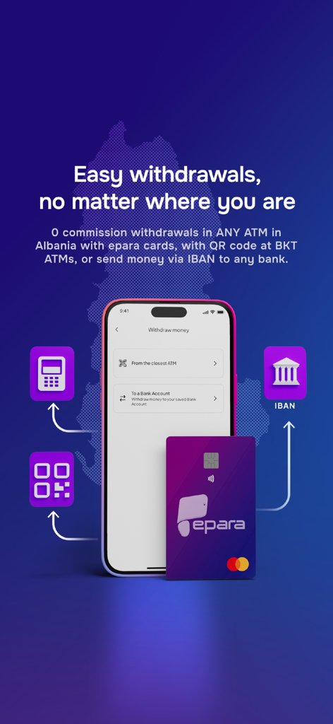 epara - epara app screen showing easy ATM withdrawals in Albania with zero commission