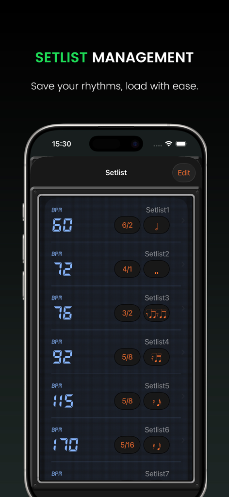 Metronome Tuner X: Pro Guitar - Metronome Tuner Xアプリに保存されたリズムとテンポを示すセットリスト管理画面