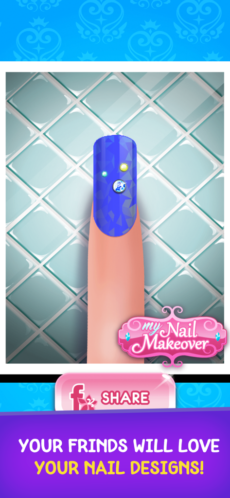 Un ongle à motifs bleus décoré de strass colorés dans un jeu de salon de manucure.