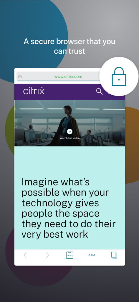 Citrix Secure Web app interface displaying a secure browsing environment with a lock icon.