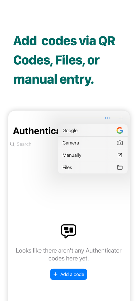 Interfaz que muestra múltiples formas de agregar códigos 2FA, incluida la cámara, la entrada manual y archivos