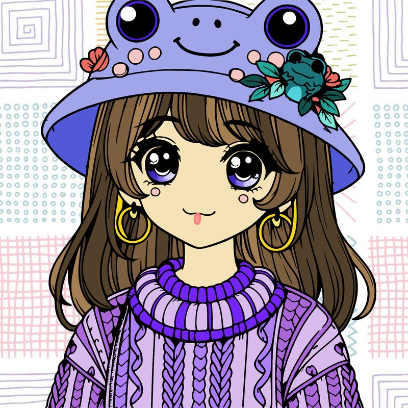 realistic girl wearing frog sweater and a frog hat with frog earrings