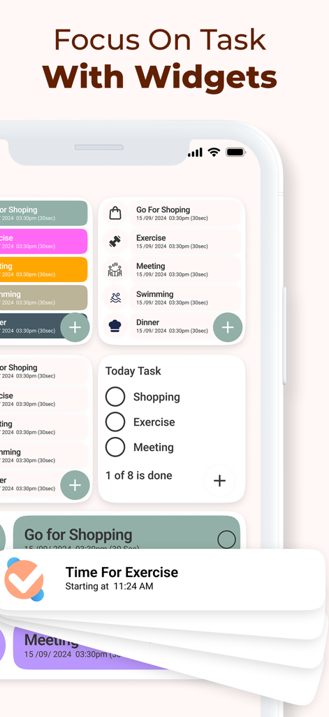 Tick: Daily Routine Planner - A display of task management widgets and a reminder notification on a smartphone screen for the Tick app.