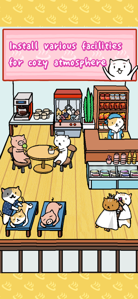 Cute animals using various facilities like a massage station and hair salon in a cozy spa lounge.