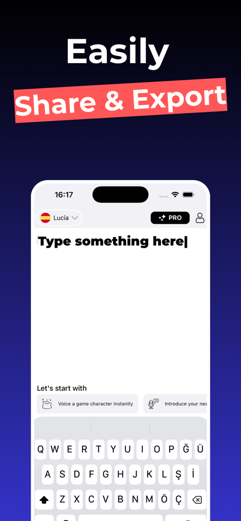 Text to Speech - xLab Audio AI - Interfaz de la aplicación Text to Speech mostrando campo de entrada de texto y funciones de compartir y exportar para creadores de contenido