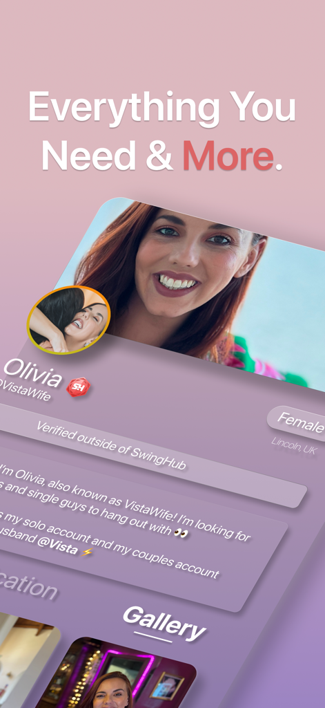 SwingHub: Open Dating & Social - A verified female profile on the SwingHub dating app showing photos and user description