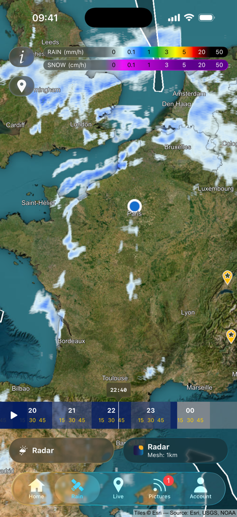 Live rain and snow radar map of Europe on Weather Crave app with nowcasting timeline.