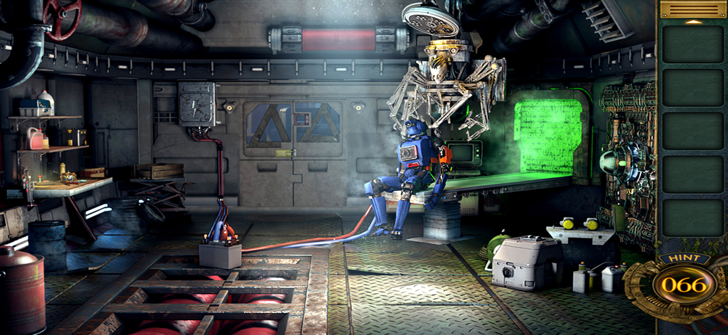 Escape Room:Mysterious train - Sci-fi industrial laboratory with a blue robot and a glowing green monitor in a mystery puzzle game