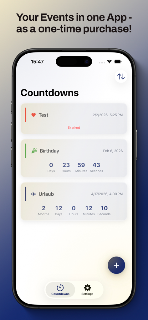 Countdowner Timer Pro - iPhone screen showing the Countdowner Timer Pro app with a list of active countdowns for a birthday and vacation