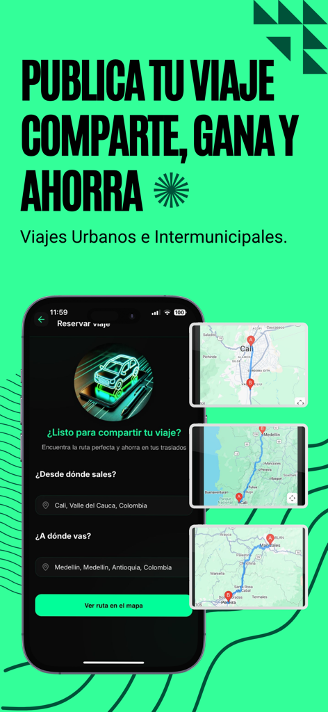 Pantalla de la aplicación móvil Cupo para reservar viajes de carpooling urbanos e interurbanos mostrando rutas entre Cali y Medellín en un mapa.