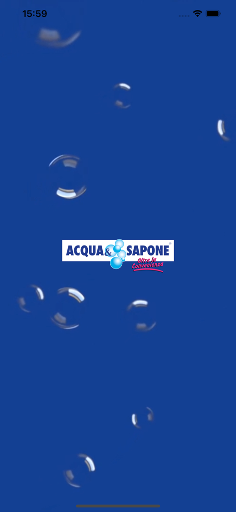 Acqua and Sapone App Startbildschirm mit Logo und schwebenden Blasen auf blauem Hintergrund