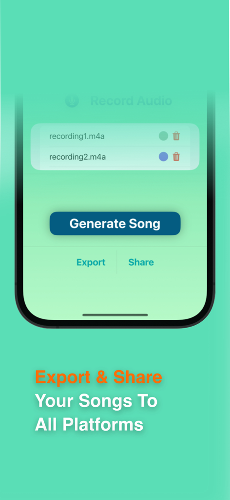 Song Maker: Sing & Make Music - Interface of Song Maker app showing the recording list and options to generate, export, and share music.