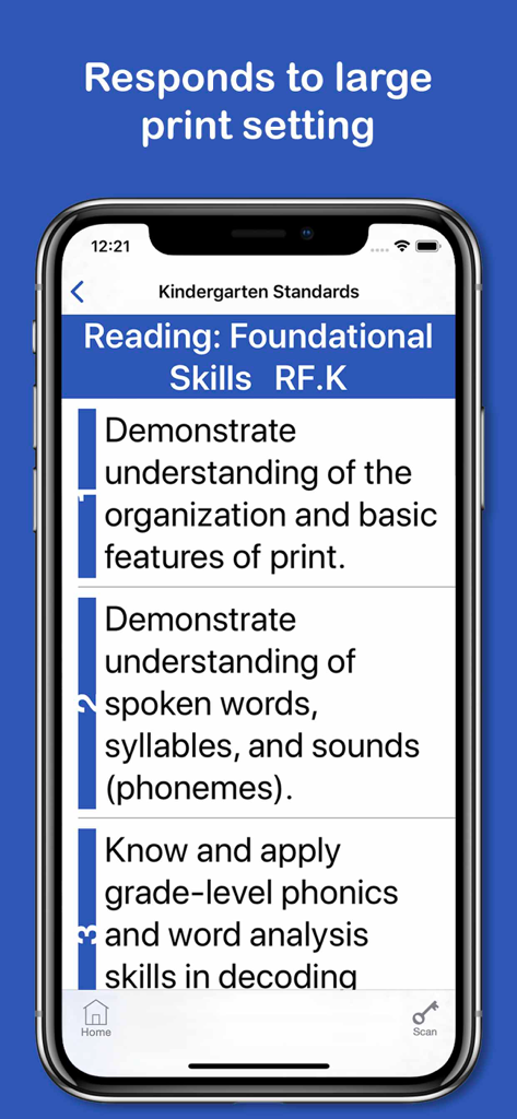 Common Core Pocket - Screenshot of the Common Core Pocket app showing kindergarten reading standards with large print enabled.