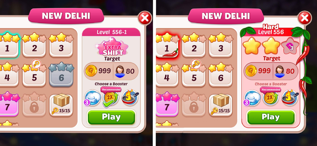 Cooking Event : Cooking Games - Pantalla de selección de nivel para Nueva Delhi en el juego Evento de Cocina mostrando modos de dificultad normal y difícil con potenciadores.