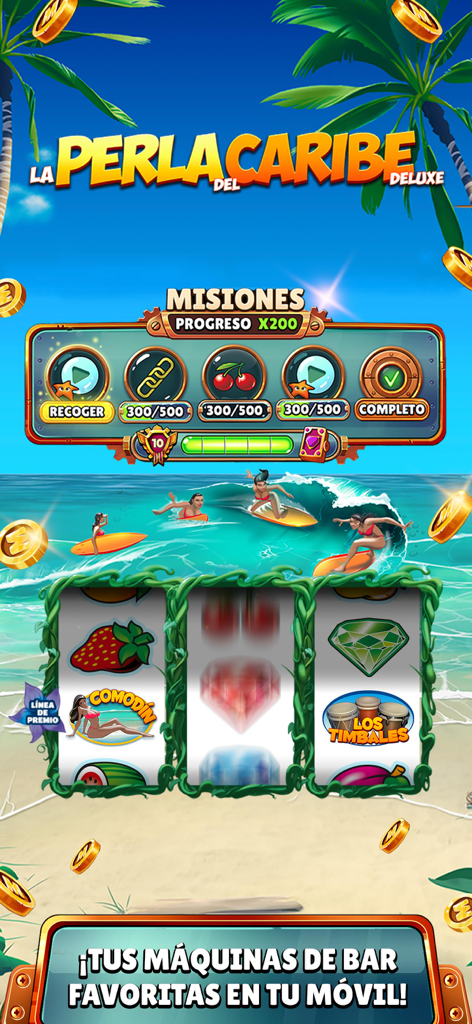 Mundo Slots - Tragaperras Bar - Gameplay de Mundo Slots mostrando la máquina tragaperras La Perla del Caribe Deluxe con temática de playa tropical y progreso de misión.