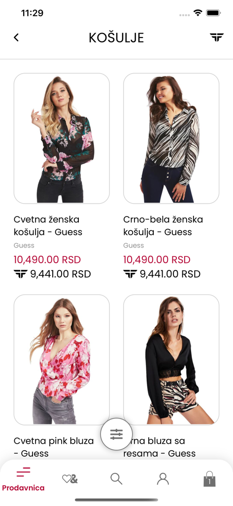 Fashion&Friends - Listado de productos de blusas de mujer de la marca Guess en la app móvil Fashion and Friends, mostrando precios y descuentos de fidelidad.