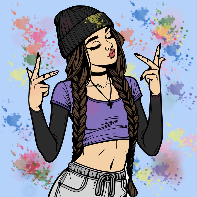 realistic teenage girl with braids and a beanie and crop top doing 🫶🏼