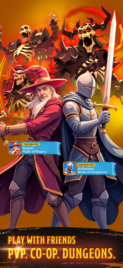 Friends & Dragons - Puzzle RPG - A wizard and a knight character from Friends and Dragons standing against skeleton enemies with promotional text for PvP and co-op play