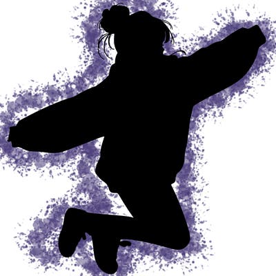 realistic girl jumping with a bun and oversized sweatshirt