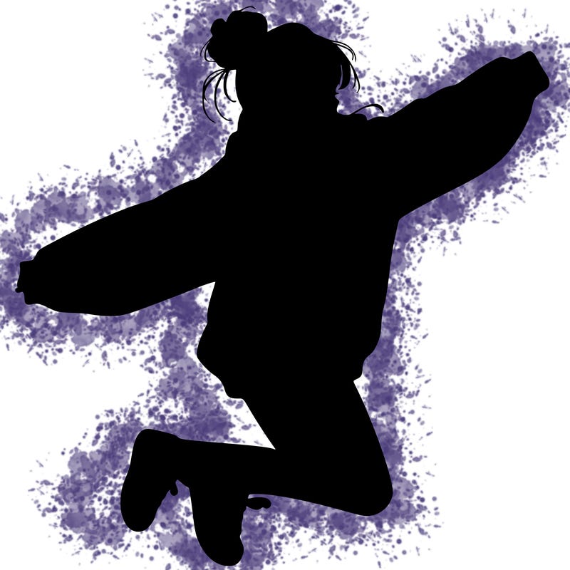 realistic girl jumping with a bun and oversized sweatshirt