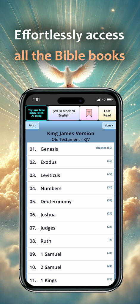 A mobile screen showing a list of Old Testament books like Genesis and Exodus in the King James Version Bible app.