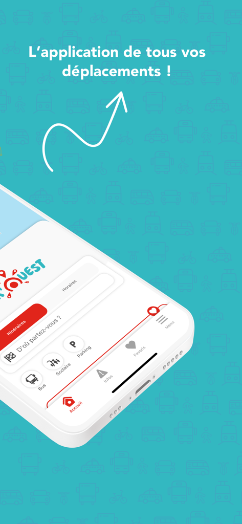 Startbildschirm der mobilen Anwendung Kar Ouest, der Reiseoptionen wie Routen und Busfahrpläne anzeigt