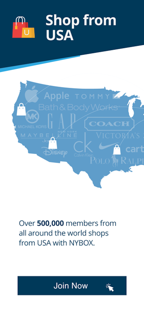 NYBox - A map of the USA filled with logos of major American brands like Apple, GAP, and Coach, advertising international shipping services from NYBox.