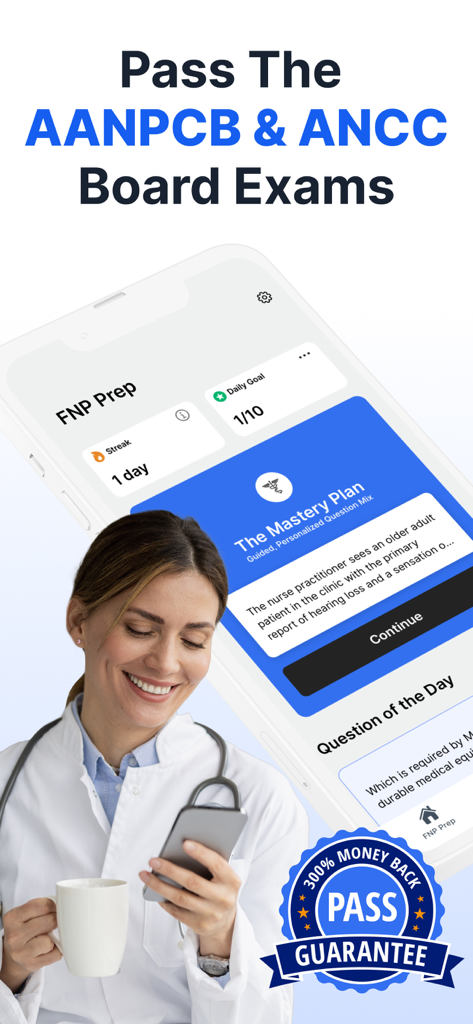 FNP Exam Mastery | Prep 2026 - Mobile app screen for FNP Exam Mastery showing study plans and a money back pass guarantee for nursing board exams