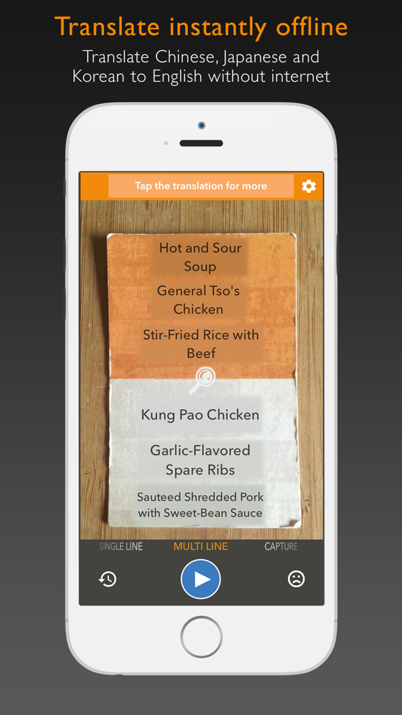 Waygo - Chinese, Japanese, and Korean Translator - La aplicación Waygo utiliza OCR de cámara sin conexión para traducir un menú chino impreso al inglés