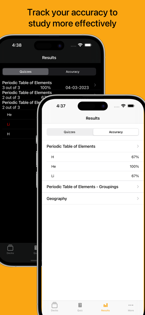 Flashcards - Build Your Own - Dos pantallas de iPhone que muestran los resultados de los cuestionarios de tarjetas de memoria y los porcentajes de precisión de las sesiones de estudio.