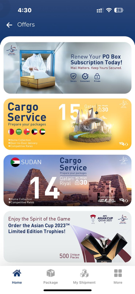 Tela de ofertas do aplicativo móvel QatarPost com banners para renovação de Caixa Postal e serviços de carga