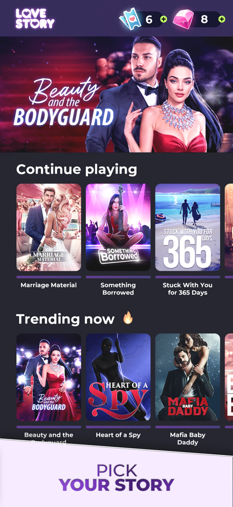 Love Story® My Romance Fantasy - Pantalla de la biblioteca del juego Love Story My Romance Fantasy con historias de romance y drama de moda para elegir.