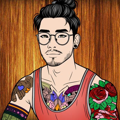 young attractive asian man with a man-bun, glasses, and tattoo's