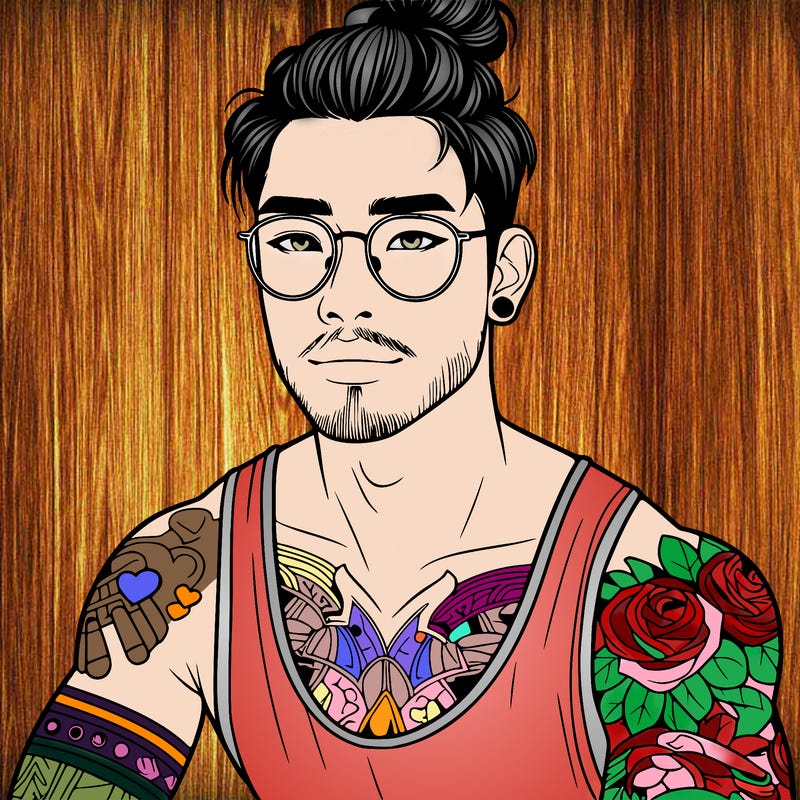 young attractive asian man with a man-bun, glasses, and tattoo's