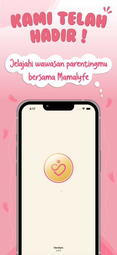 Mamalyfe app welcome screen with indonesian text and pink baby footprints design