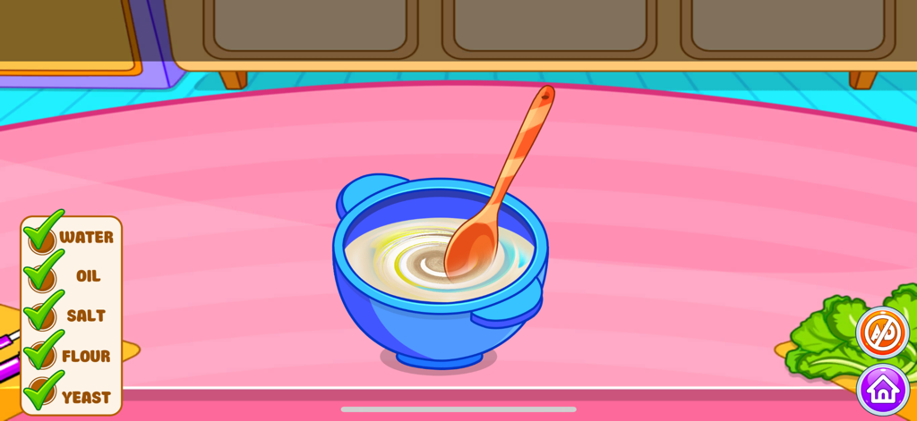 Pizza and Unicorn Cake Maker - Un bol azul con una cuchara de madera mezclando ingredientes para masa de pizza en una cocina colorida