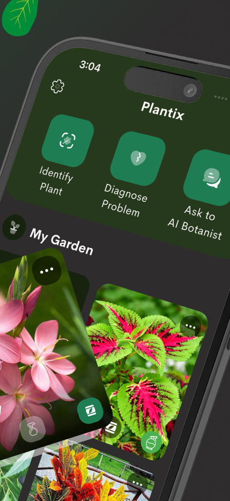 Plantix- Plant Leaf Identifier - Plantix app interface showing identification and diagnosis tools with a gallery of personal plants under My Garden.