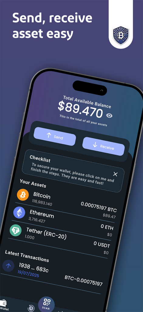 CryptoKeeper mobile App Dashboard mit Gesamtguthaben und Kryptowährungsbeständen