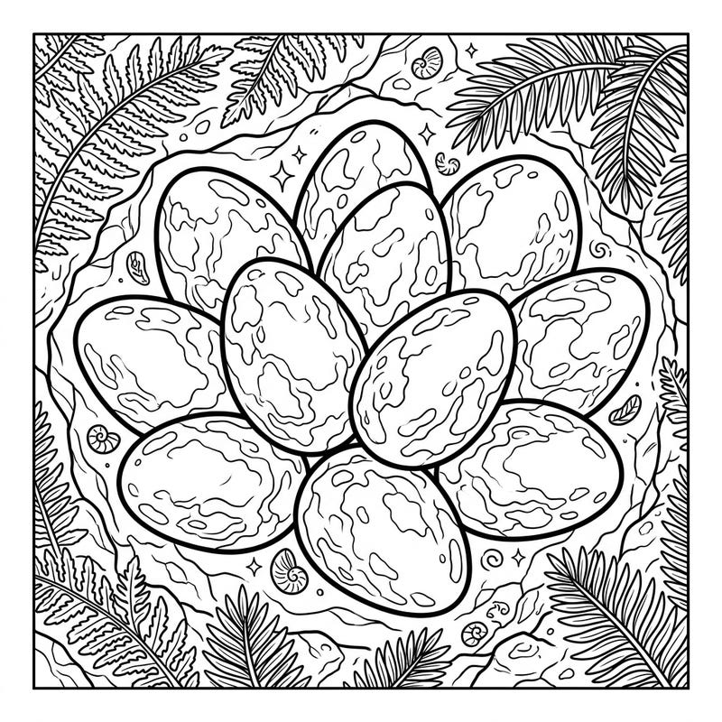 Step back in time to a prehistoric world with this unique coloring page featuring a clutch of fossilized ornithopod dinosaur eggs. Explore the intricate details of these ancient relics, nestled among ferns and rocks, and bring them to life with your colors.